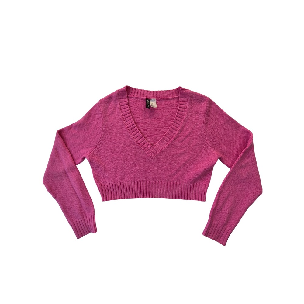 H&M Divided Women's Medium Pink Cropped V-Neck Sweater Long Sleeve